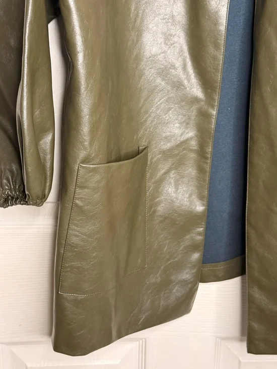Olive Faux Leather Jacket Women M/L Open Front Lightweight Chic Rare by p. Cill - Picture 4 of 10